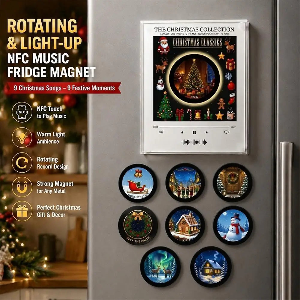 Christmas Magnetic Fridge Magnet Music Player Light‑up Rotatable Mini Retro Vinyl Record Ornament Music Lover Fashion Home Decor