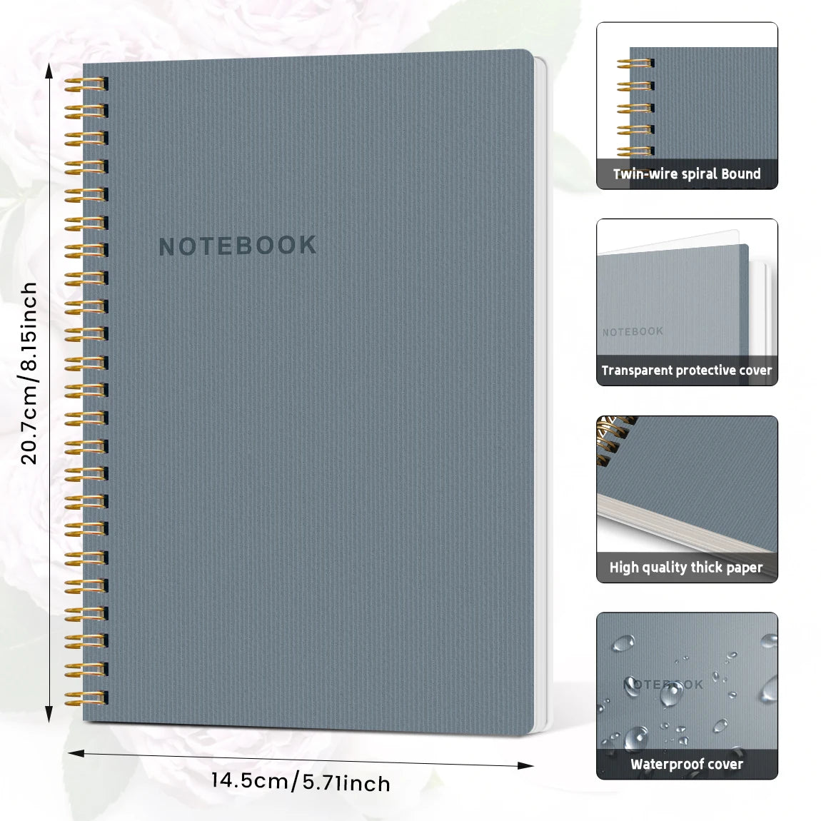 A5 Spiral Notebook Journal with Waterproof Hardcover, Thick Lined Paper & Transparent Protective Cover