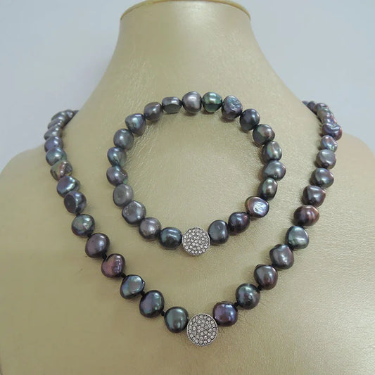 100% NATURE FRESHWATER PEARL JEWELRY SET  NECKLACE AND BRACELET-BAROQUE SHAPE IN BLACK COLOR PEARL WITH CRYSTAL ACCESSORIES