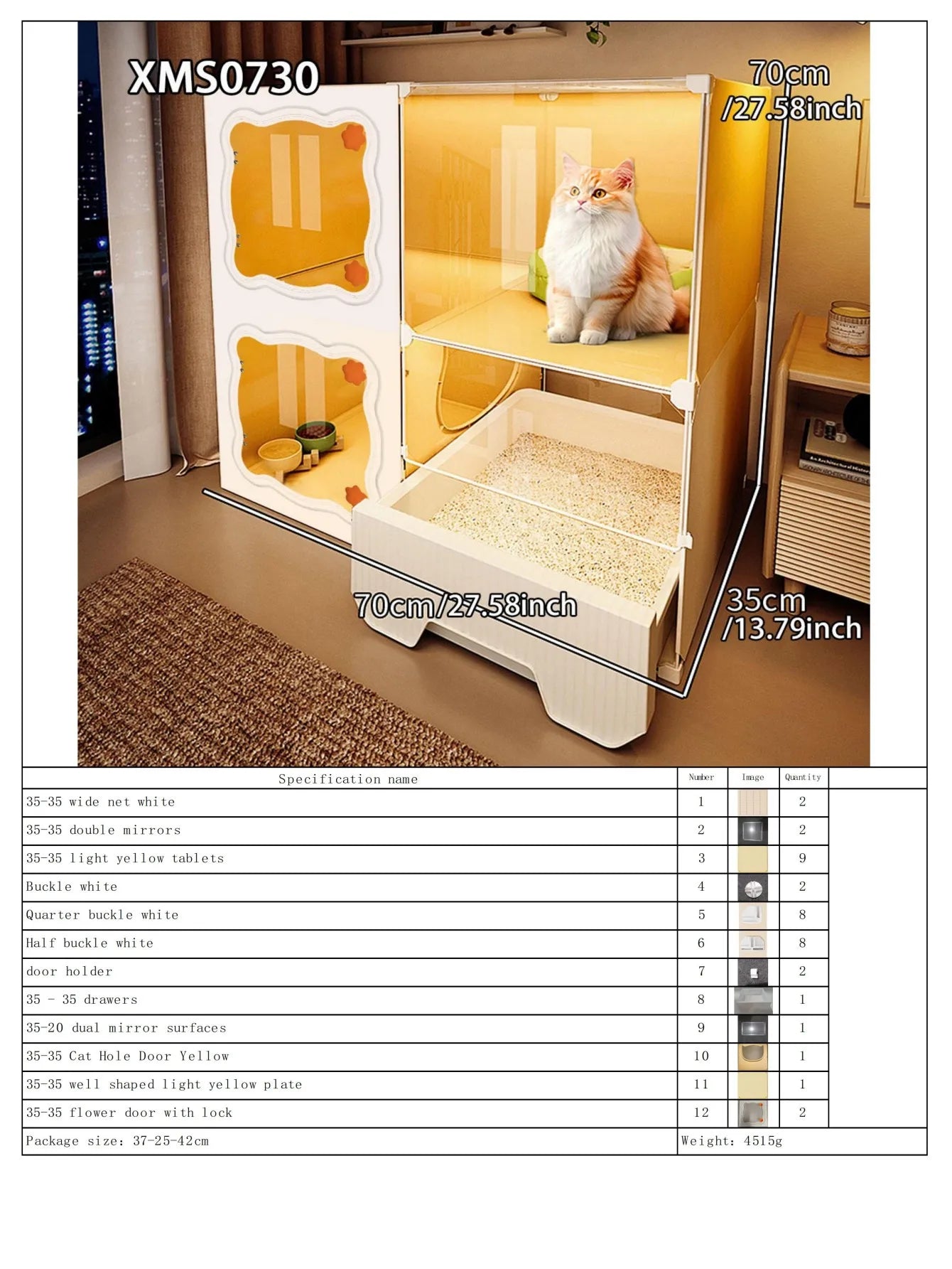 Cat Cage with Drawer-Type Litter Box, Indoor Kitten House with Toilet, Cat Cabinet with One Bedroom, One Living Room, and One Bathroom, Kitten Villa