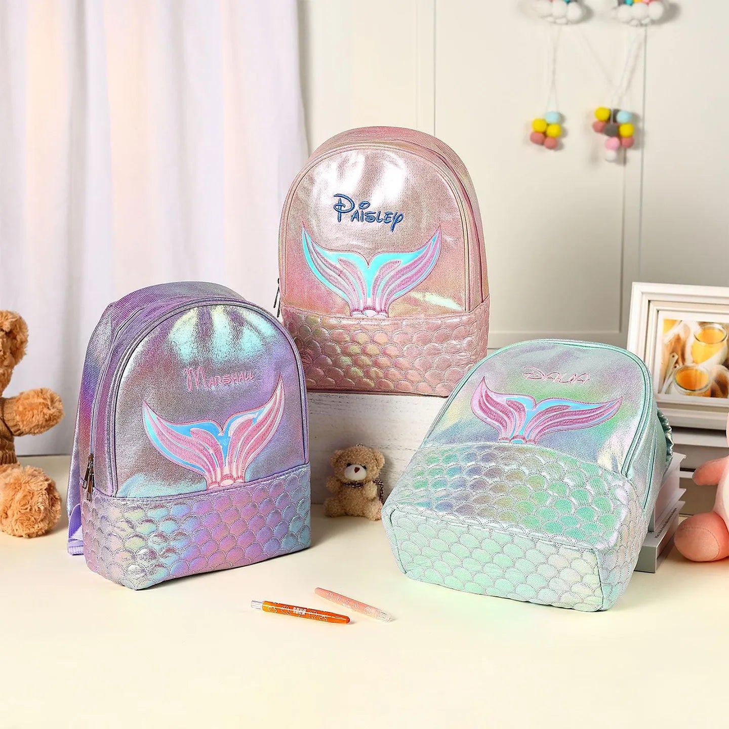 Iridescent Mermaid Tail PU Backpack for Girls  Custom Name Embroidery Adjustable Straps 6 Colors Lightweight School Bag