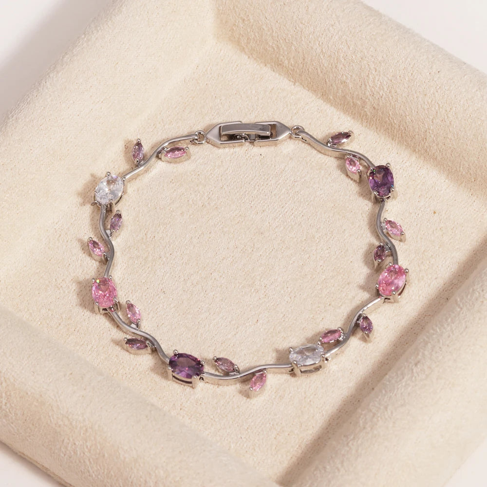 Natural Royal Women Jewelry Silver Color Dark Blue CZ Crystal Leaf Chain Link Bracelets and Bangles for Party Gift
