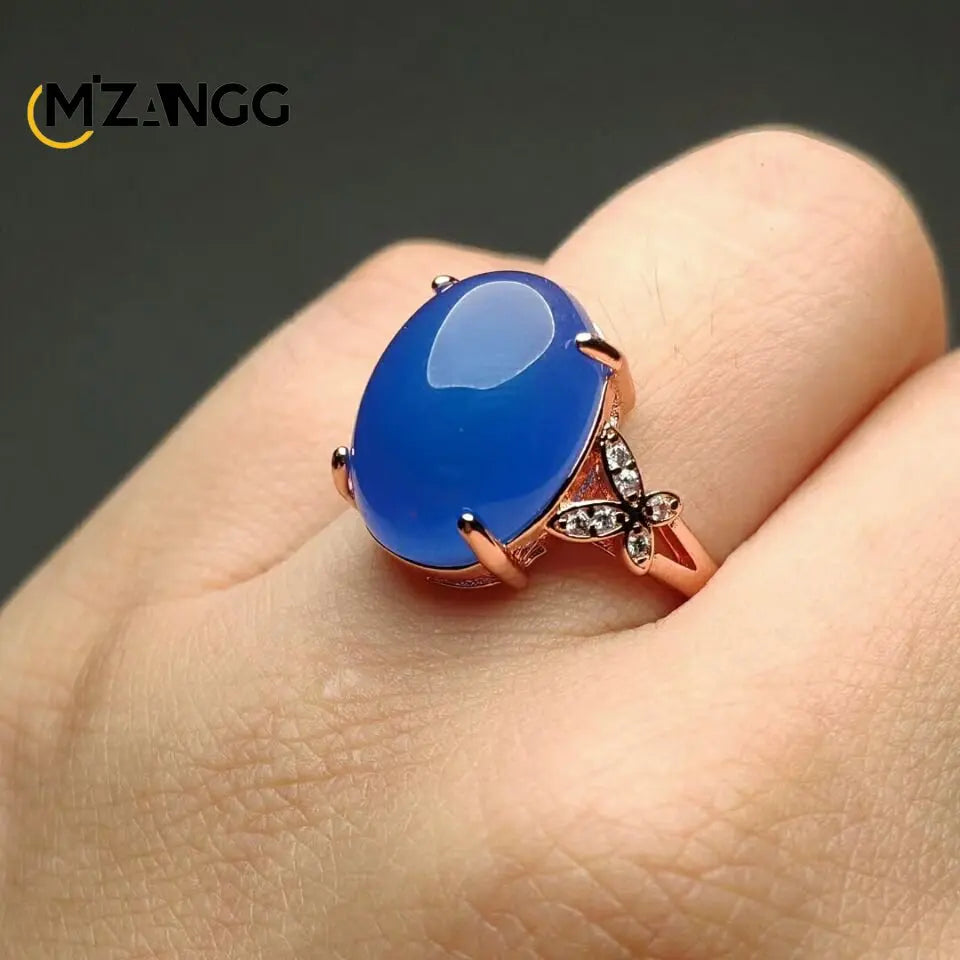 S925 Silver Inlaid Agate Ring Opening Adjustable Natural Green Chalcedony Hand-carved Ring Fashion Boutique Jewelry Women Ring