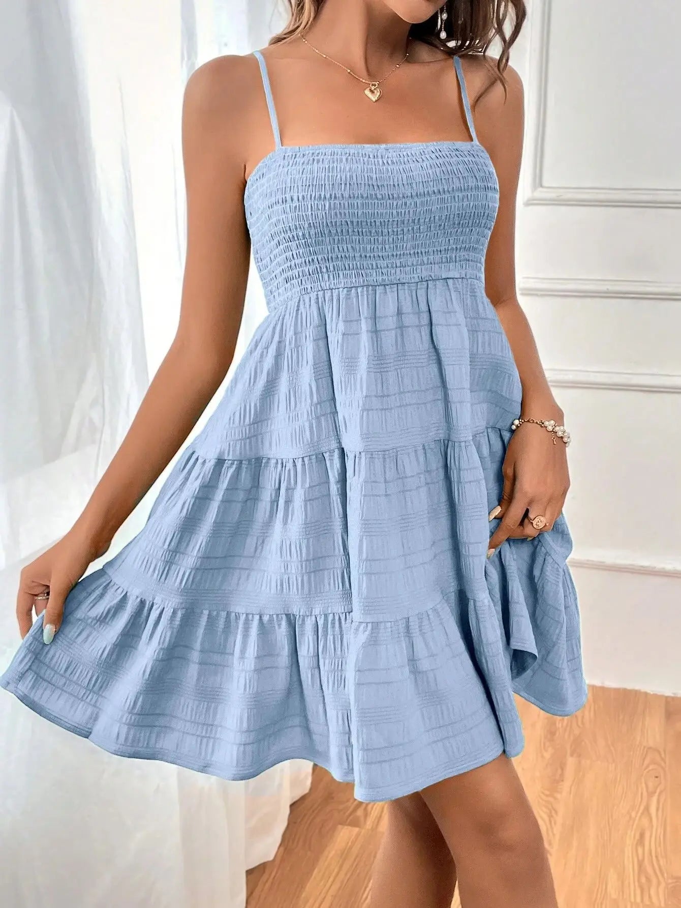 Women's Fashion Spaghetti Strap Smocked Bustier Mini Dress Blue Ruffled Tiered Swing Dress Summer Casual Vacation Beach Wear