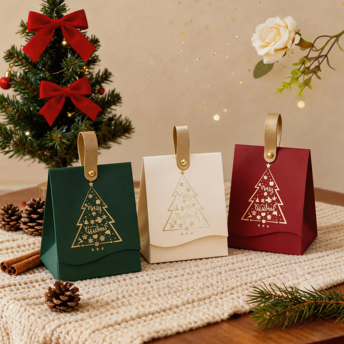 12PCS Christmas Gift Boxes with Leather Handles 'Christmas Tree' Pattern, Christmas Gift Wrapping, Christmas Party Gift Boxes