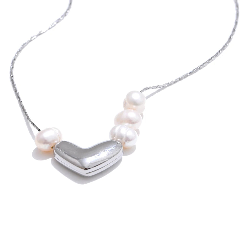Yhpup Valentine's Day Gift Natural Pearl Heart Love Pendant Necklace for Women Stainless Steel Exquisite Arrivals Jewelry