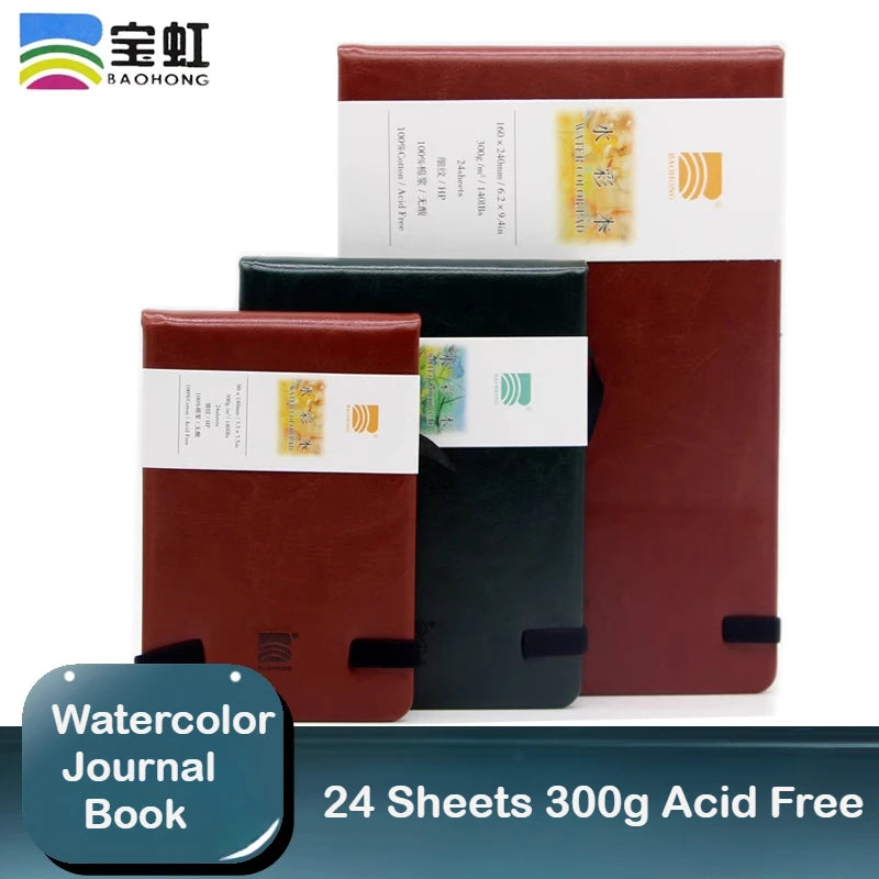 Baohong 24 Sheets Watercolor Travel book Leather Linen-Bound Cotton Paper Sketch Pads 300g Acid Free for On-the-Go Art Drawing