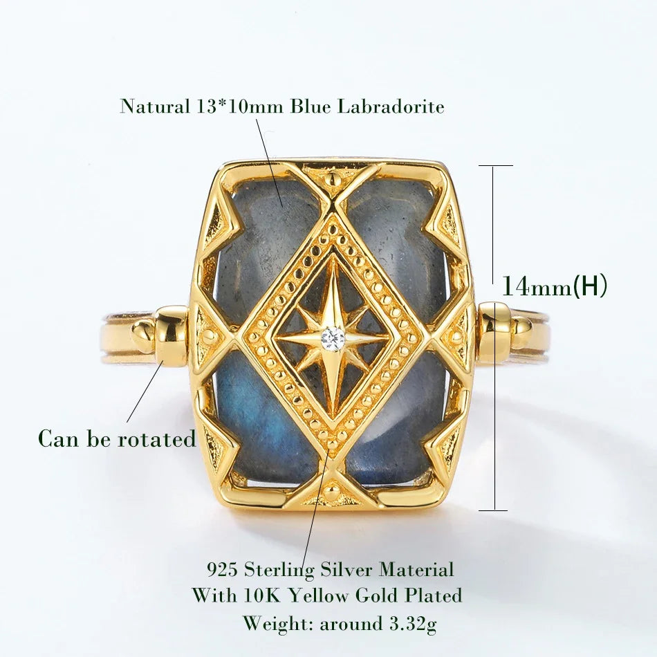ALLNOEL 925 Sterling Silver Natural Labradorite Rings Yellow Gold Plated for Women Double Side Reversible Gemstone Jewelry Gift