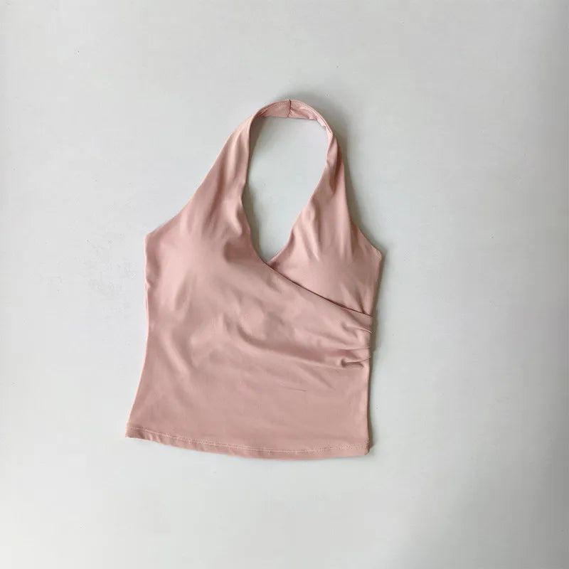 Sexy V-neck Cross Halter Neck with Chest Pad Yoga Vest Sleeveless Naked Sense Sports Fitness Bras Top Outer Wear Beautiful Back