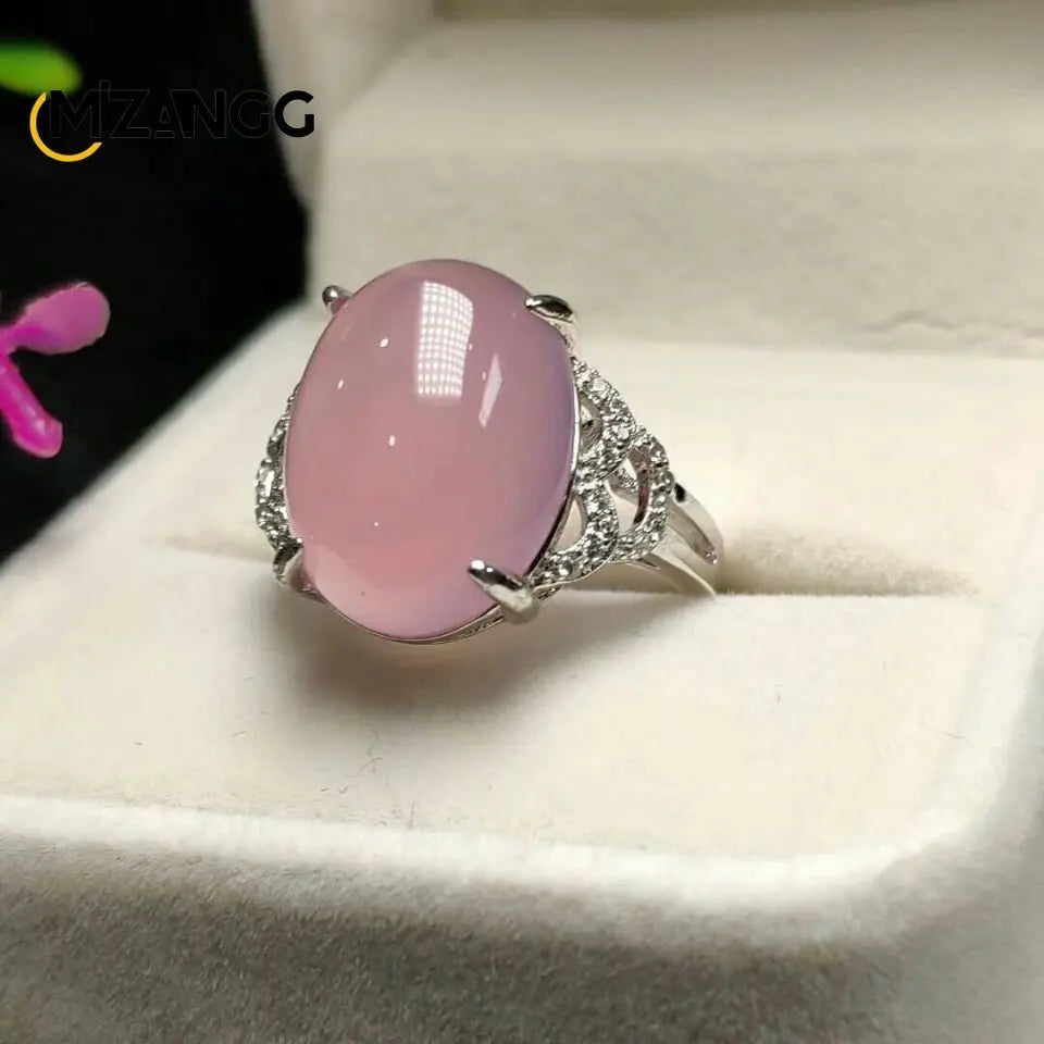 S925 Silver Inlaid Agate Ring Opening Adjustable Natural Green Chalcedony Hand-carved Ring Fashion Boutique Jewelry Women Ring