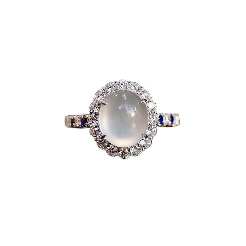 S925 Sterling Silver Natural Moonstone Ring Oval Egg Surface Diamond Ring Holder Party Gifts Fine Jewelry for Women