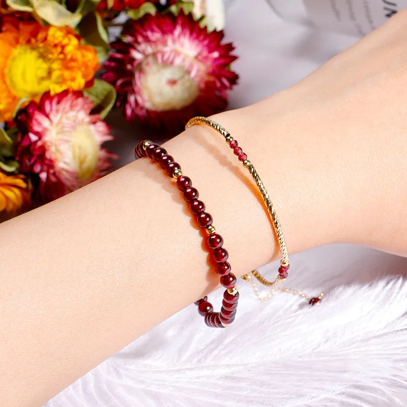Exquisite 14k Gold Plated Wine Red Natural Garnet Beaded Bracelets for Women Female Lucky Fashion Jewelry Christmas Gifts YBR585