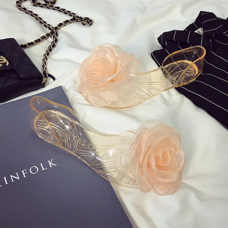 Size 35-41 Women Girls Transparent PVC Jelly Sandals Peep-toe Flats Summer Shoes INS Hot Sales Lace Camellia Flower Slippers
