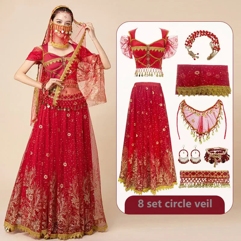 Women Festival Halloween Cosplay Belly Dance Top Dress Adult Indian Arab Jasmine Sari Fantasy Rave Bollywood Outfit Costume Suit