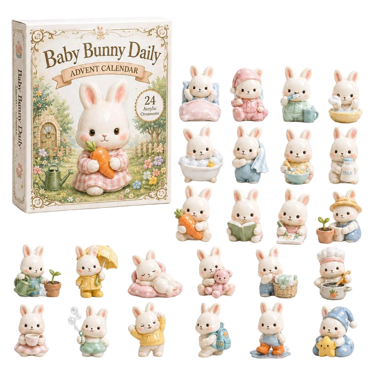2026 Baby Bunny Advent Calendar 24 Pieces 2D Flat Acrylic Rabbit Hanging Ornaments Christmas Holiday Countdown Collectible