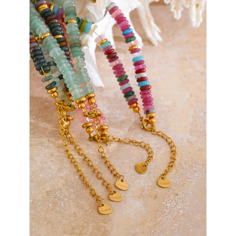 Yhpup Colorful Natural Stone Beads Handmade Chain Y2K Fashion Necklace for Women Stainless Steel Waterproof Collar Jewelry Gift
