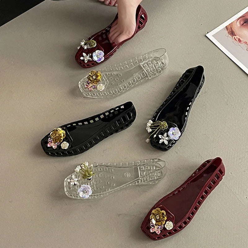 2026 women's new crystal shoes pearl jelly shoes, summer cute girls' crystal sandals, outdoor versatile slippers