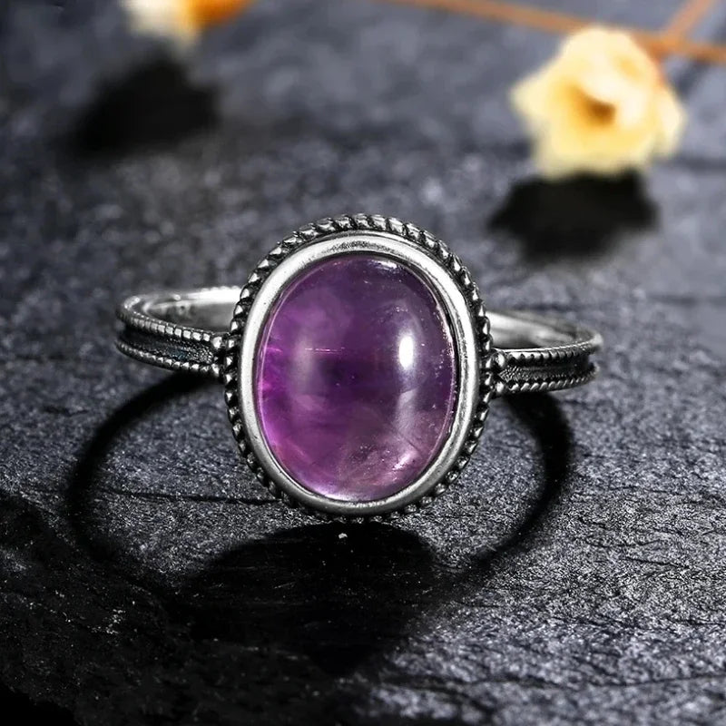 S925 Sterling Silver Vintage Ring With Natural Amethyst Two Stone Ring Waterdrop Shape Fine Jewelry Gifts for Women