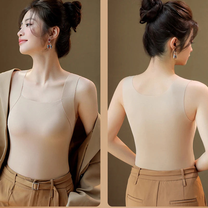 For 40-90kg Autumn Seamless Plus Size Thermal Vest With Build-in Bra For Women Fixed Cup Beauty Skin Tank Tops Square Collar