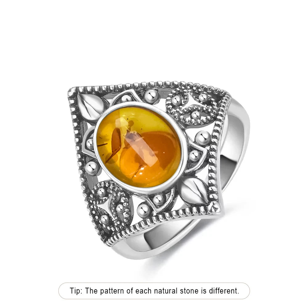 Certified Sterling Silver 925 Petal Amber Ring with Yellow Oval Natural Stone Ring Flower Jewelry Vintage Rings for Women Men