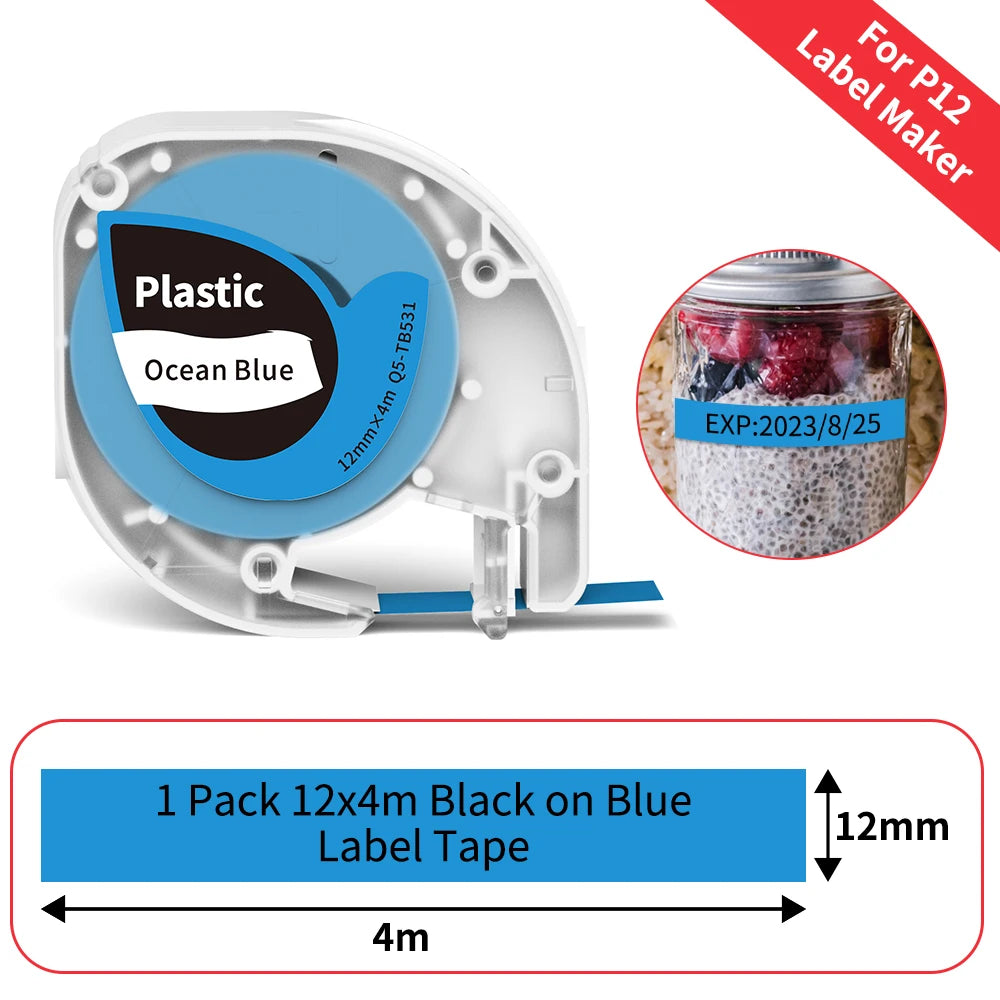 P12 Label Tape Compatible with Dymo LetraTag 200B Refills LT-100H Label Replacement for Phomemo P12 PRO Label Maker 12mm x 4m