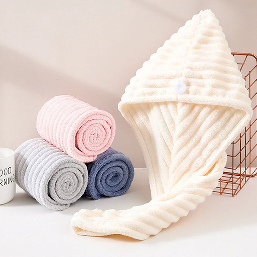 Coral Fleece Adjustable Hair Drying Cap, Soft Skin-Friendly Reusable Anti-Frizz Hair Towel Wrap for Hotel Spa Home Bathroom