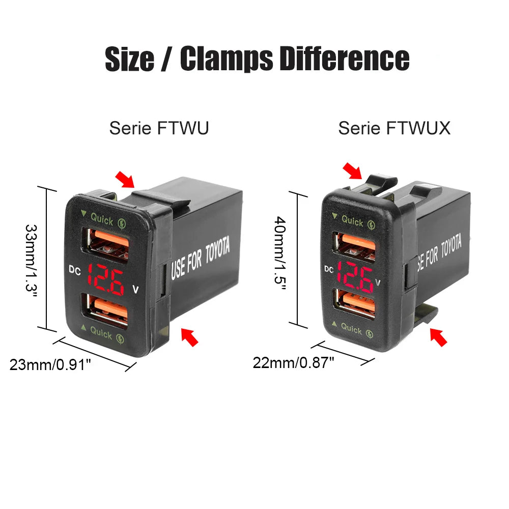 USB Chargers For Toyota Power Adapter Socket QC 3.0 LED Indicator Mobile Phone Charging Voltmeter Test Car Accessories 24V 12V