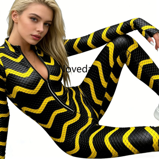 Retro Snakeskin Jumpsuit Women Sexy Slim Fit Snake Print Long Sleeve Tight Bodysuit Halloween Party Stage Catsuit Rave Costume
