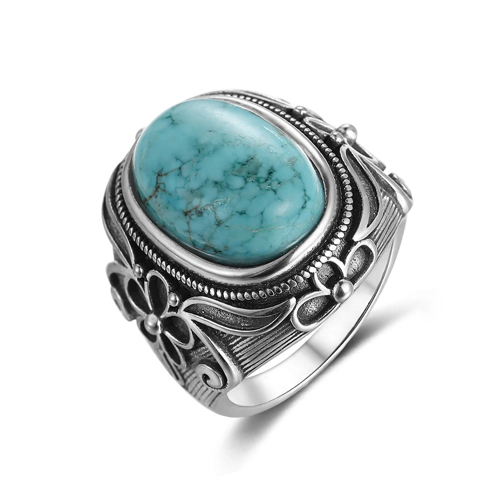 S925 Silver Oval Natural Turquoise Rings for Men Women Silver Fine Jewelry