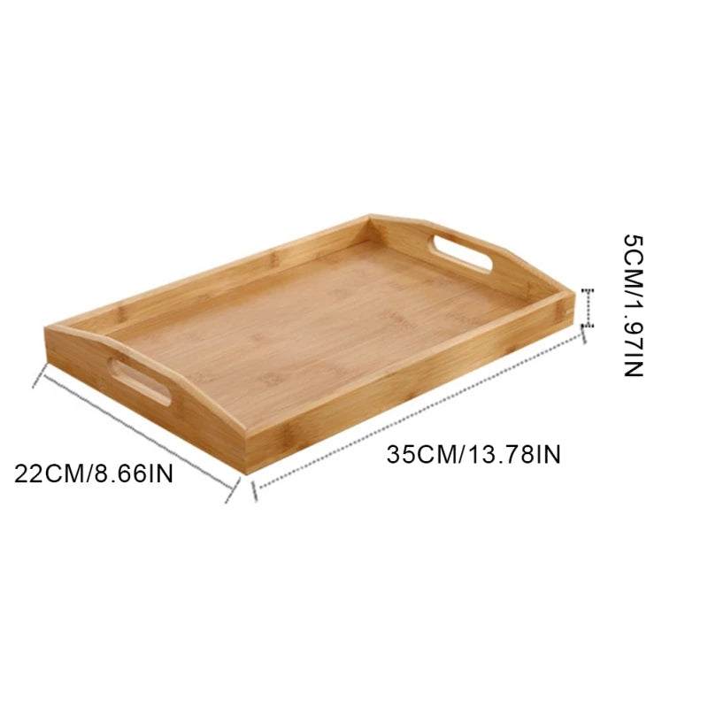 Wide Bamboo Organizer Tray Storage Bin with Handles for Cutlery Serving Spoons Cooking Utensils Teapot Teacup