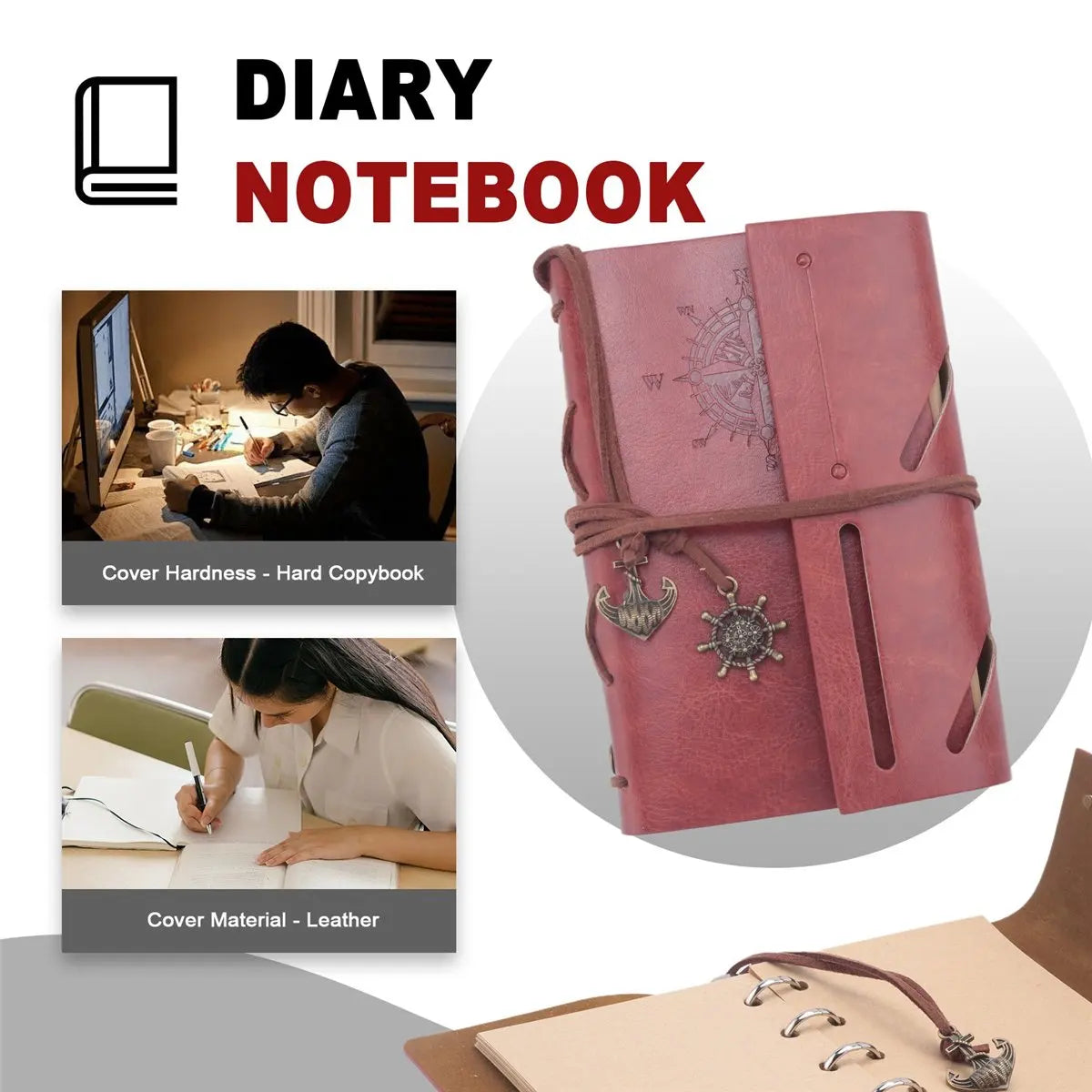 AT54 Retro Personality Journal Notepads Ring Binder Diary Notebook Light brown S