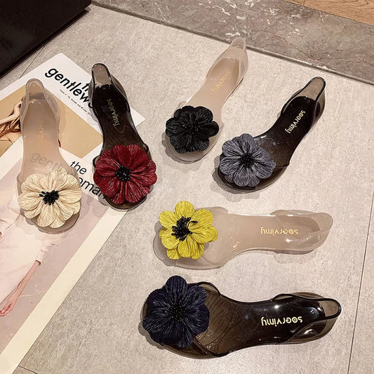 2026 New Fashion Women Jelly Sandals Transparent Crystal Design Flower Decor Waterproof Breathable Soft Sole Sweet Beach Shoes