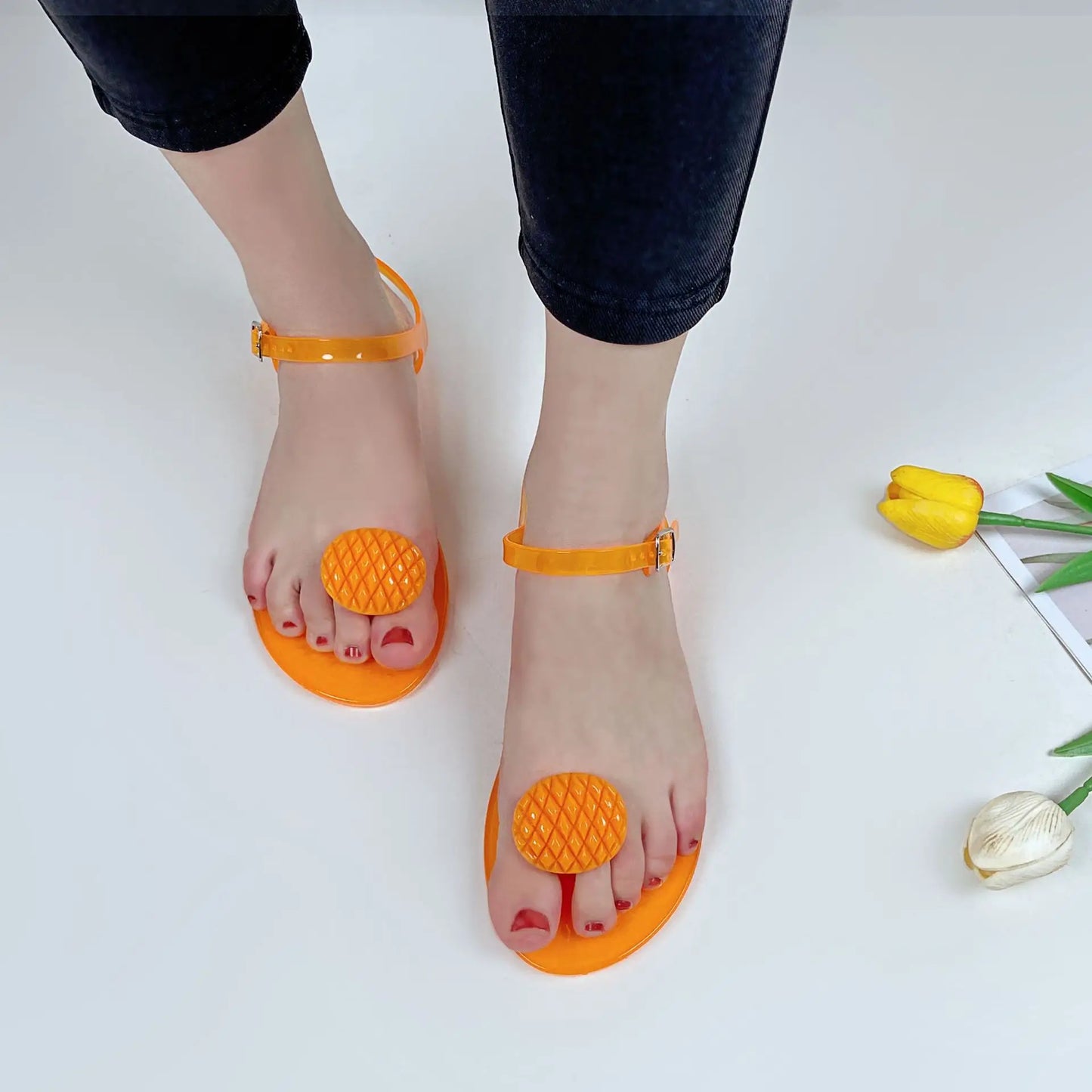 Plus Size 36-42 Ins Hot Sales Women Girls Jelly Sandals Colorfull Transparent PVC Beach Shoes Summer Fruit Flip-flop Shoes