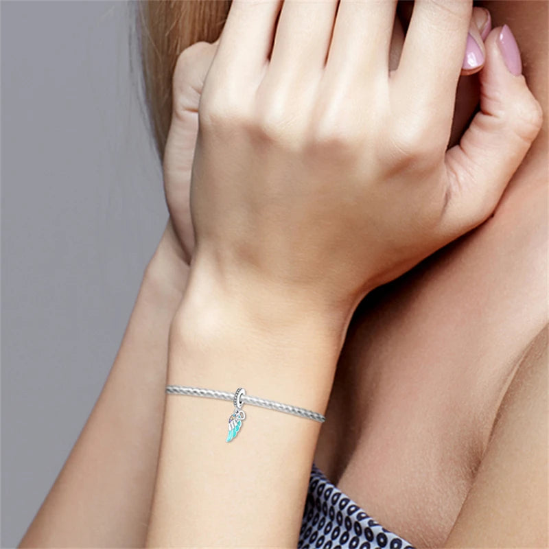 S925 Silver Plated Color Luminous Feather With Zircon Pendants Charms Fit Original Bracelets Fine DIY Birthday Jewelry Gifts