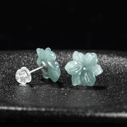 Natural A-grade Jade Blue Plum Blossom Earrings Ice Seed Jadeite Petals S925 Silver Inlaid Ancient Style Women's Gifts Jewelry