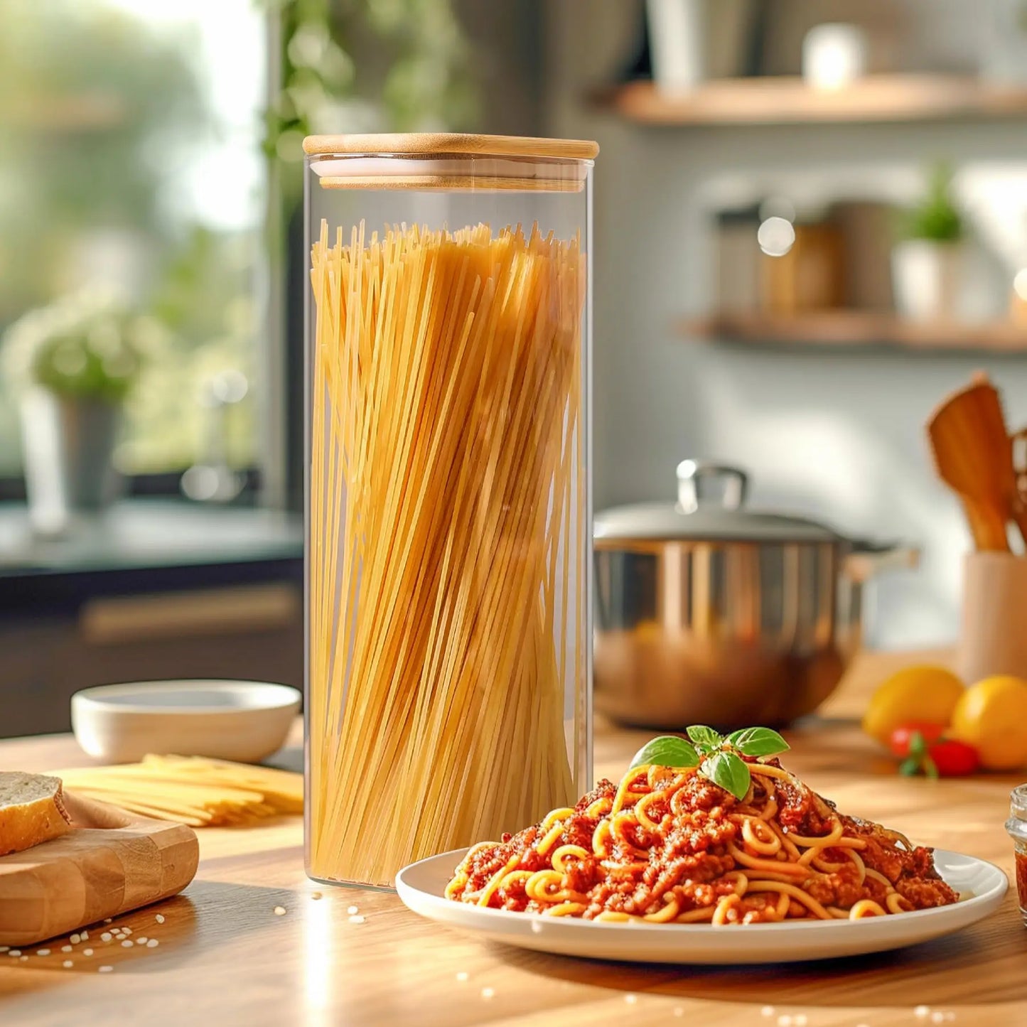 Rectangle Clear Storage Jars with Bamboo Lids For Sugar Coffee  Pantry Organizer Container for Pasta Tea Candy Nuts