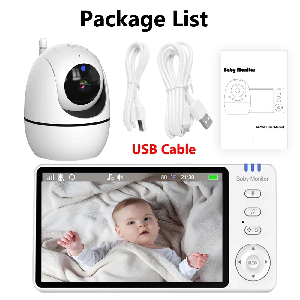 HTMCK 5 Inch Video Baby Monitor Night Vision with 4X Zoom Two-Way Audio Nanny Camera for Mother Kid Babysitter