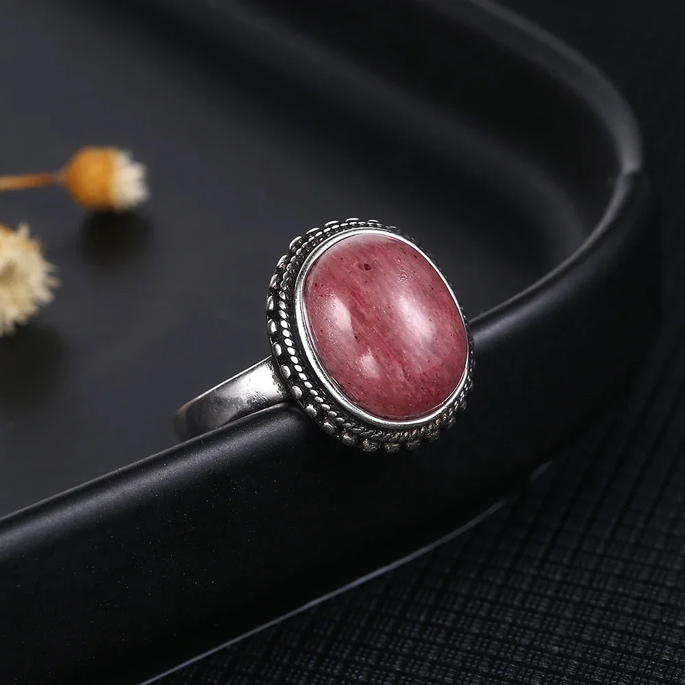 Natural Rhodochrosite Rings Women's S925 Silver Jewelry Ring Gifts Vintage Fine Wedding Ring