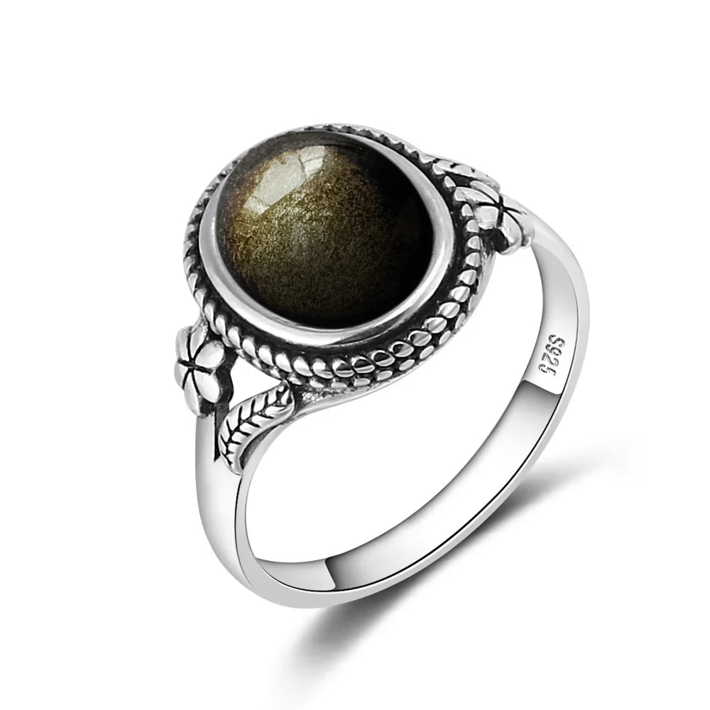 Vintage S925 Sterling Silver Ring Oval Round Natural Obsidian Ring Sun And Flower Shaped Retro Fine Jewelry For Women Men
