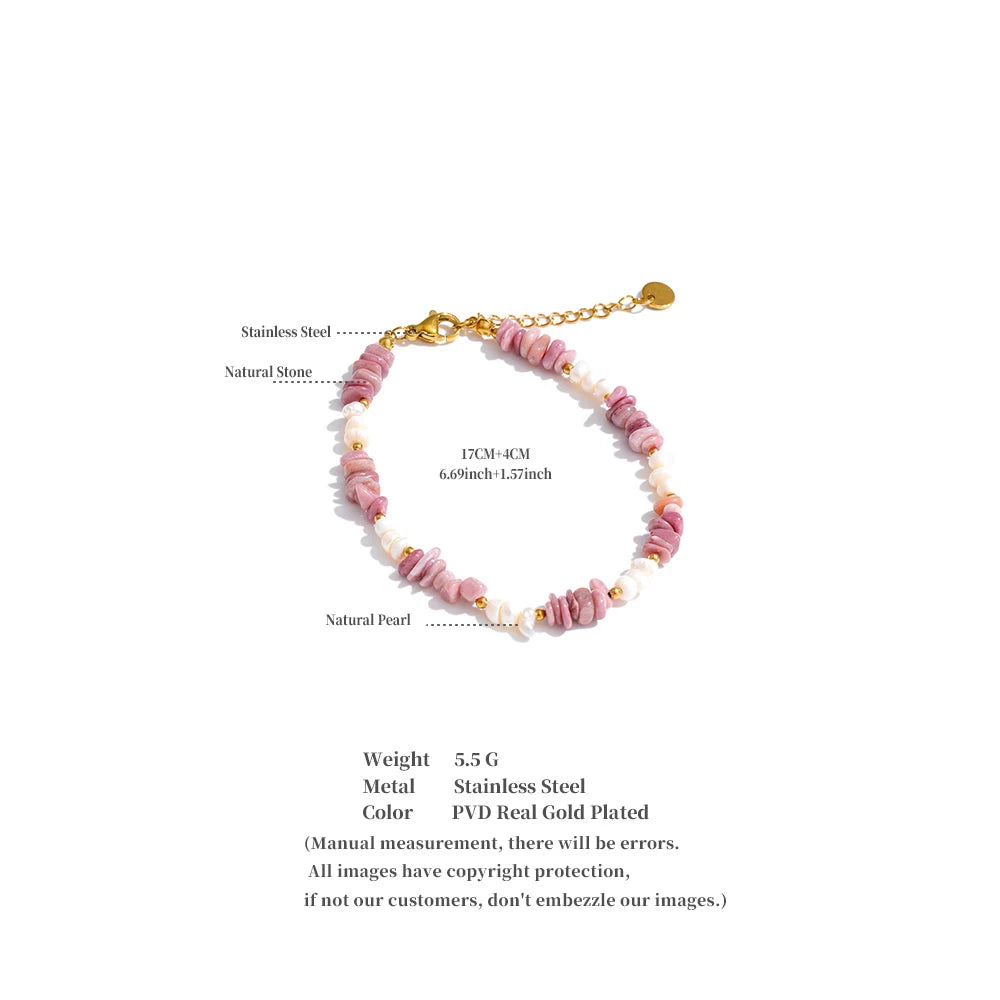 Yhpup Natural Stone Freshwater Pearl Beads Chain Handmade Bracelet Bangle Waterproof Stainless Steel Basic Wrist Summer Jewelry