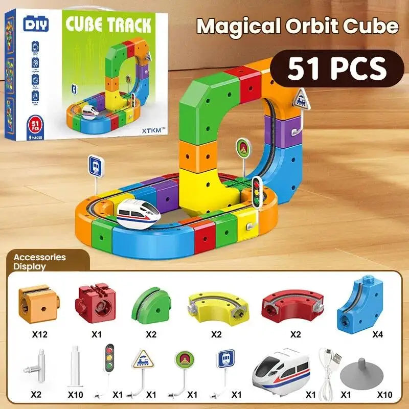 51PCS Magical Track Train USB Rechargeable 3D Building Tracks Cube Rails STEM Educational Toys Christmas Birthday Gift