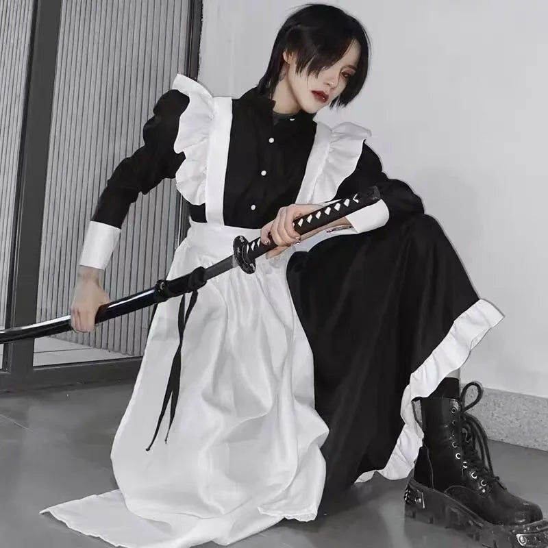 Japanese Style Maid Outfit Black White Long Dress Lolita Unisex Men Women Halloween Costume Uniform Full Set Adults Plus Size