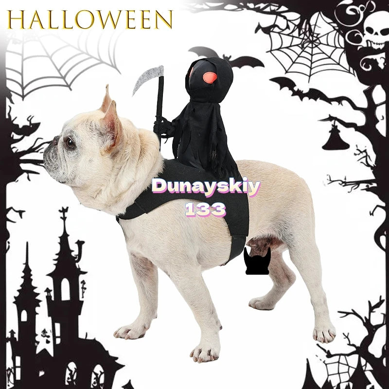 Dark Harvest Knight Dog Costume Anime Cosplay Pet Halloween Riding Outfit Clothes Skeletons Dog Costumes for Medium Large Dogs﻿