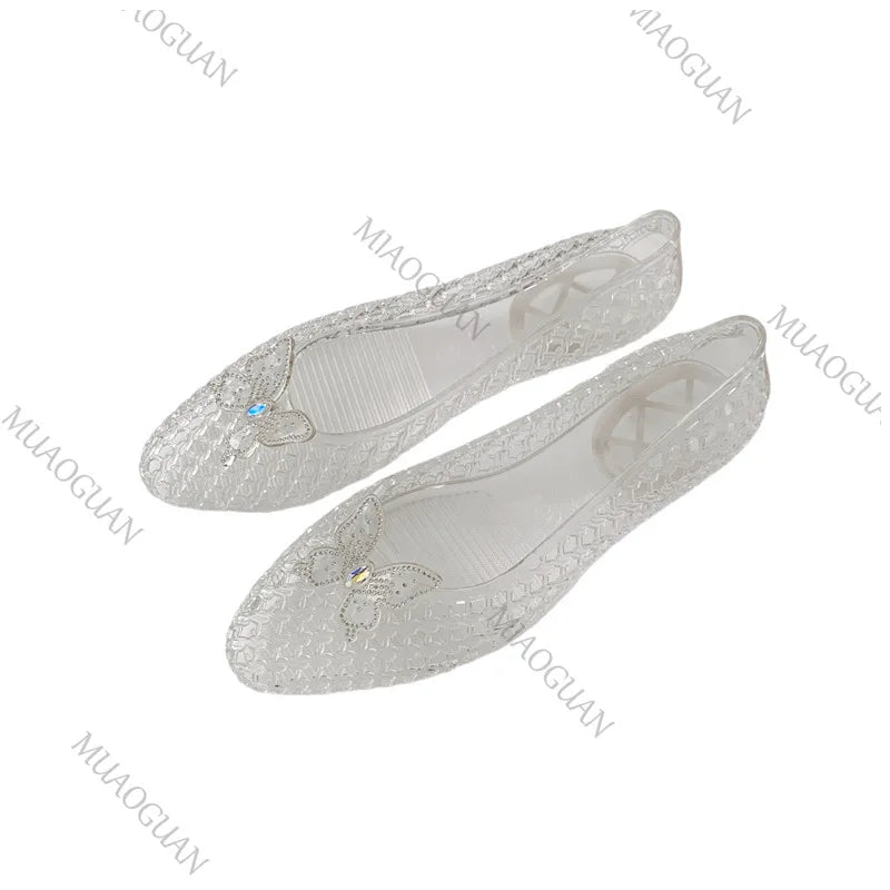Fashion Crystal Butterfly Jelly Sandals Clear Sequin Outdoor Beach Flat Shoes Causal Comfort Vacation Mesh Breathable Footwears