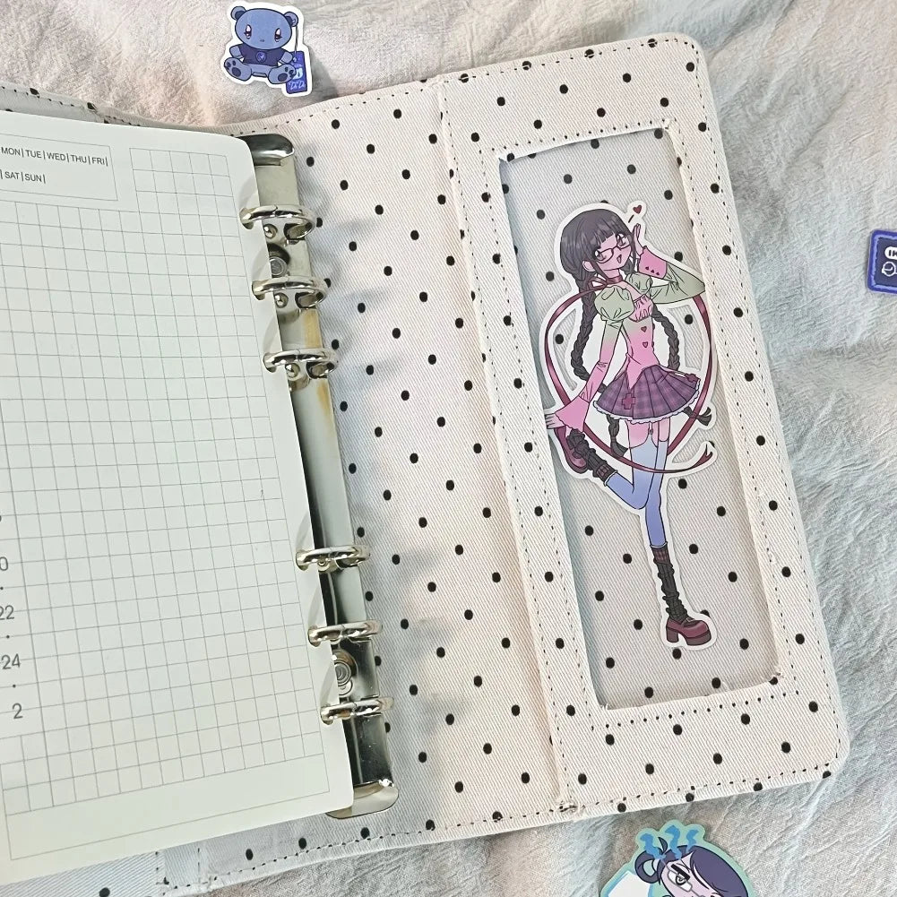 A6 Polka Dot Cloth Binder Notebook 6-Hole Loose Leaf Portable DIY Scrapbook Journal Multi Pocket Photo Album Planner School Gift