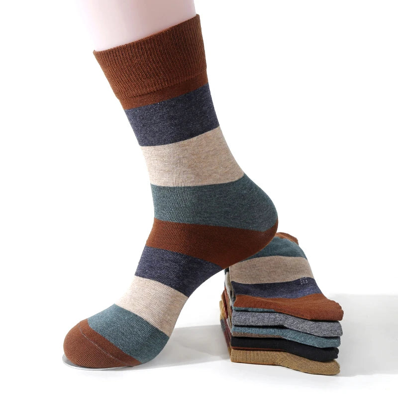 Men's Combed Cotton Socks Fashion Colorful Large Stripe Harajuku Four Seasons Casual Socks Men Size 39-44 5Pair/Lot