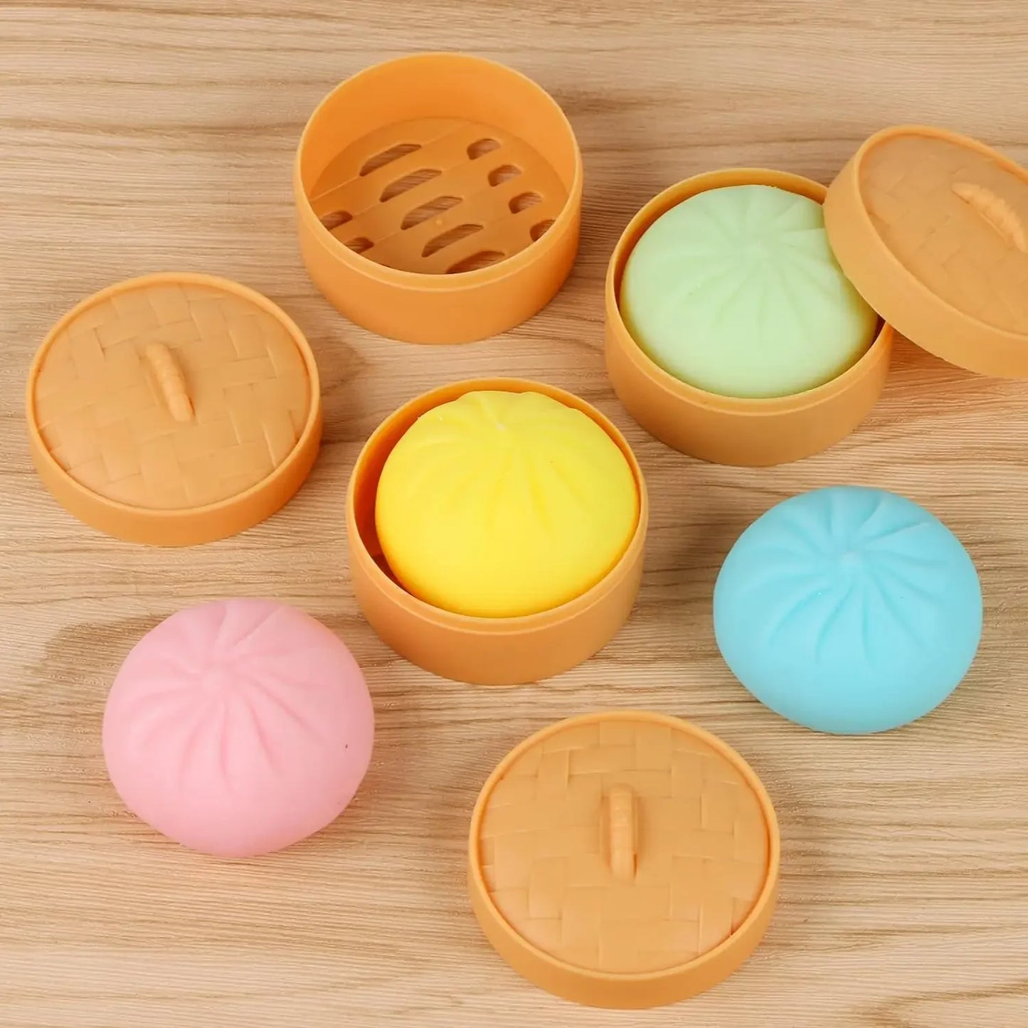 Colorful Dumpling Squishes Stress Balls Fidget Sensory Toys Simulation Food Squishies Bun With Steamer Dough Ball Gifts
