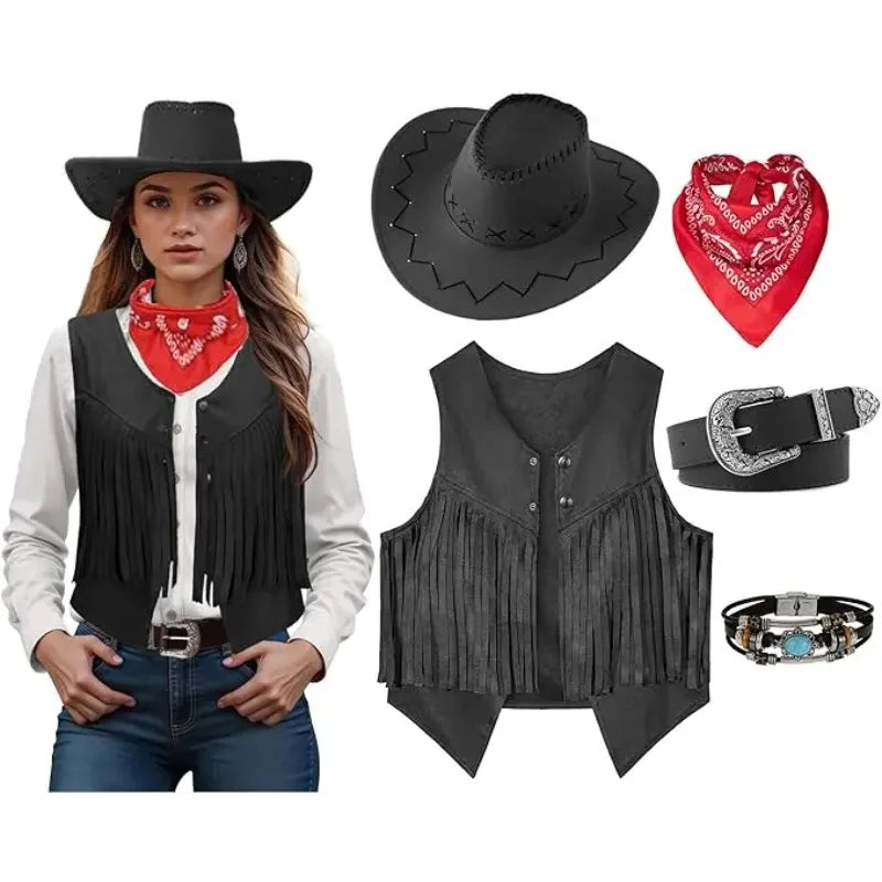 Women Men Cowgirl Costume Western Vest Hat Belt Bandana Set for Cowboy Tassels Fringe Vest Halloween Outfits Wild West Cosplay