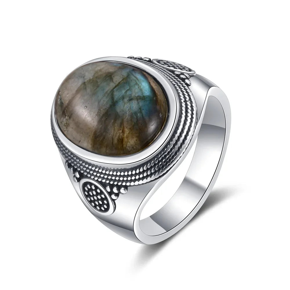 Vintage Natural Labradorite Ring for Women Men 10x14MM Oval Large Tiger Eye S925 Silver Plated Rings Boho Jewelry Gift FCGJHW