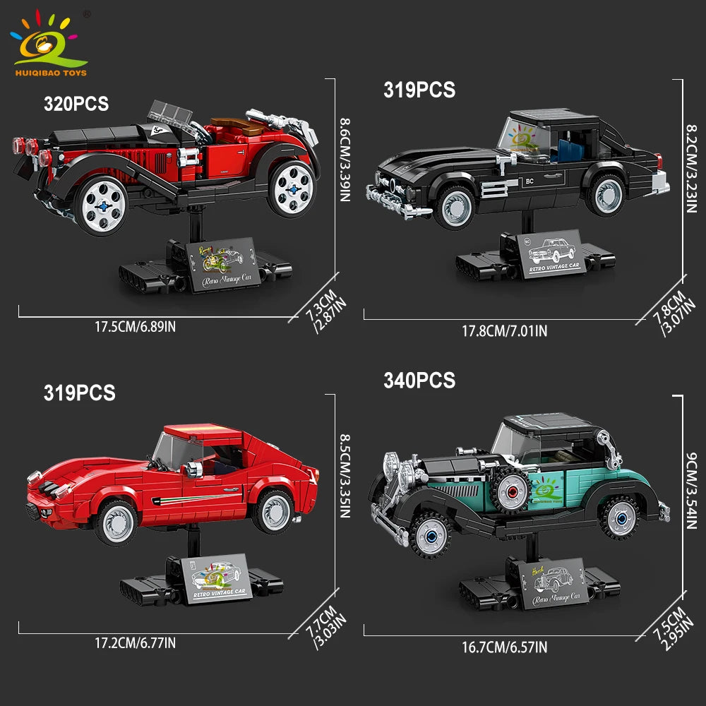 HUIQIBAO MOC Retro Racing Sports Car With Display Rack Building Blocks Set Classic City Racing Truck Model Bricks Kit Ornament